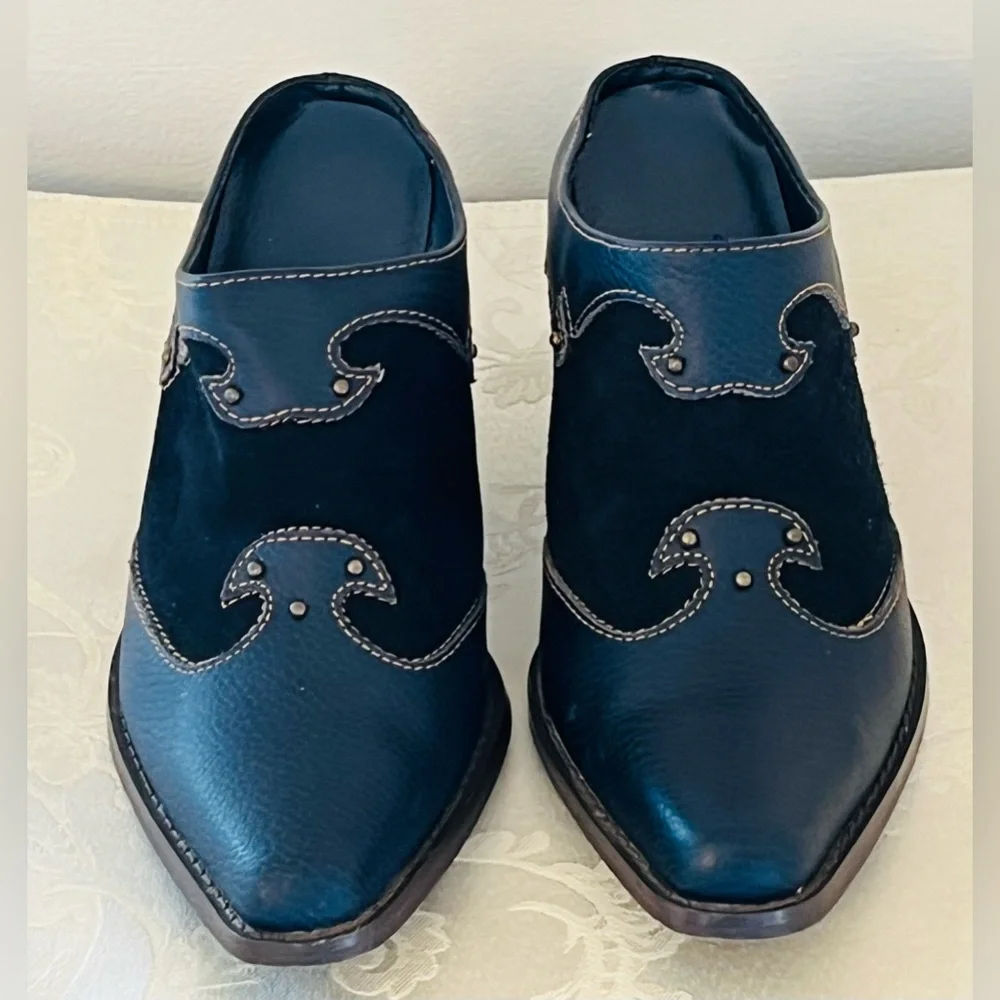 Women’s Retro Style Blue Suede And Leather Western Mules With 3” Heel Size 7 - Picture 3 of 11